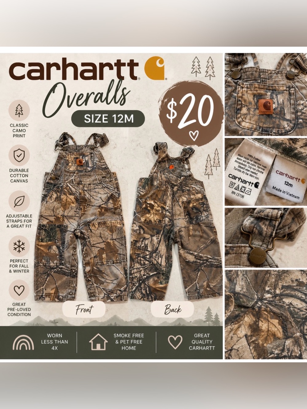 Carhartt Realtree Camo Overalls – 12M 🌲🤎